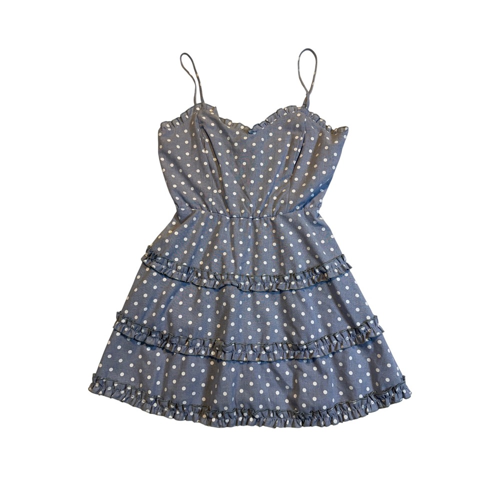 Mi Ami Womens Blue Polka Dot Ruffle Tiered Mini Dress Spaghetti Strap Size L - Picture 1 of 4